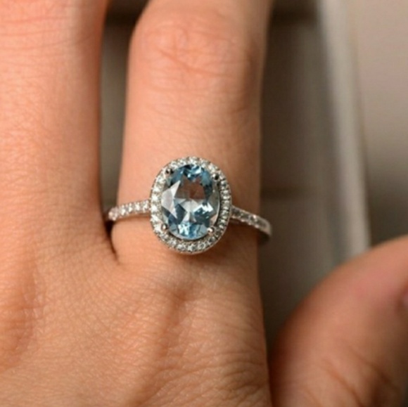 🎀925 Aquamarine Halo Ring - Picture 5 of 5